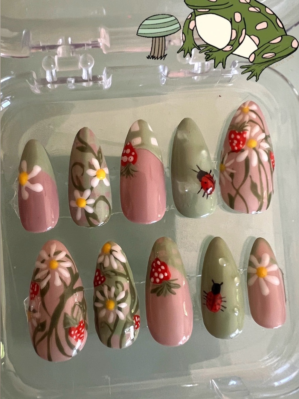 Hand-Painted Floral & Ladybug Press-On Nails - Pink & Sage